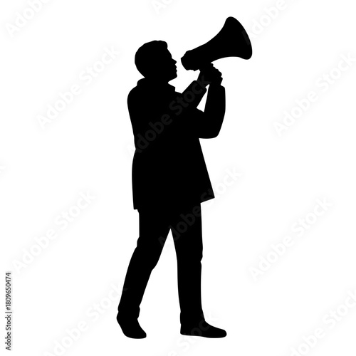 Powerful silhouette of a business leader communicating with a megaphone, delivering a bold message, making announcements, rallying support, vector based design