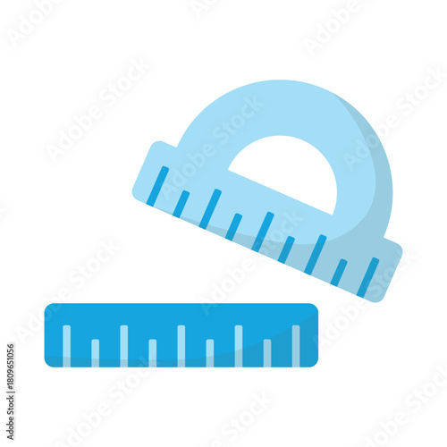 Cartoon illustration of a pair of blue rulers and a protractor for a back to school themed image icon