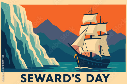 Vintage style illustration of a sailing ship near an iceberg and mountains