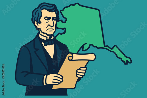 Φωτογραφία Illustration of andrew johnson with a scroll and the outline of alaska