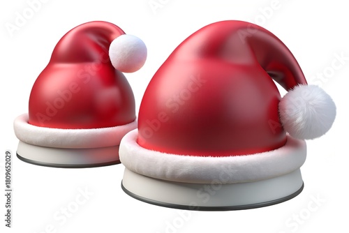 Two red Santa hats with white trim and pom poms Christmas