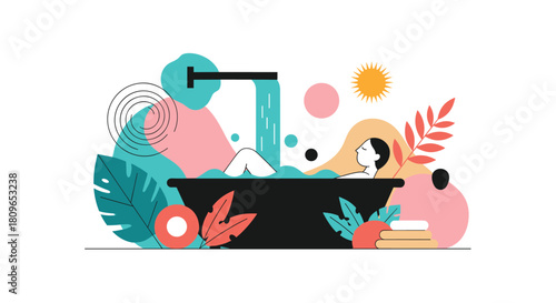 Abstract illustration shows a woman relaxing in a bathtub surrounded by colorful shapes and tropical leaves for self-care.