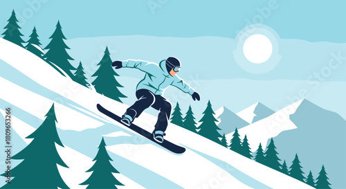Snowboarder carves down a snowy mountain slope surrounded by pine trees under a bright sun in a winter sports landscape.