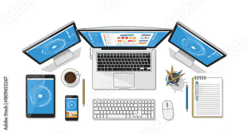 Top-down view of a modern multi-device workspace with a laptop multiple screens a tablet and a smartphone for productivity.