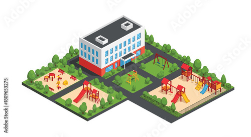 Isometric illustration of a modern school building complete with three fun and colorful outdoor playgrounds for children.