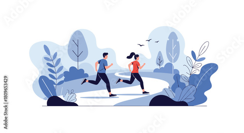 Young active couple enjoys a healthy lifestyle by jogging together on a scenic path in a beautiful and serene park setting.
