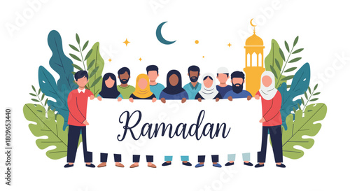 Diverse community of people celebrating together by holding a large banner with the word Ramadan for the holy month festival.