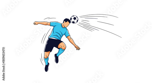 Dynamic sketch-style illustration of a male soccer player in mid-air jumping to head the ball with force and precision.