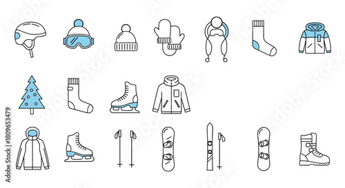 Collection of line icons representing various winter clothes and sports equipment for activities like skiing and snowboarding.
