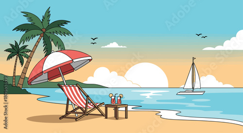 Tranquil beach scene at sunset with a comfortable deck chair and umbrella overlooking the ocean with a sailboat on horizon.