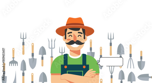 Cheerful male gardener with a mustache stands proudly in front of a background of various garden tools with a blank speech bubble.