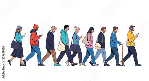 Diverse group of people walking in a line while completely absorbed in their smartphones illustrating modern screen addiction.