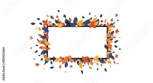 Rectangular frame with copy space is beautifully decorated with a flurry of colorful falling autumn leaves for seasonal design.