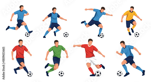 Dynamic collection of eight male soccer players in various action poses including dribbling running and kicking the soccer ball.