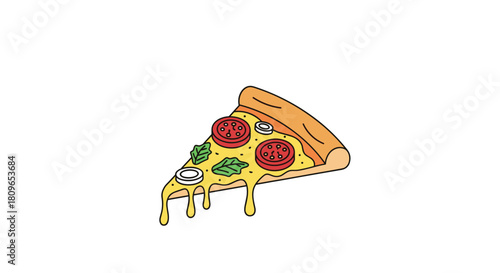 Delicious cartoon slice of vegetarian pizza with melted cheese fresh tomatoes onions and spinach on a white background.