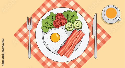 Top-down view of a classic breakfast plate with a fried egg bacon and fresh salad served with coffee on a checkered cloth.