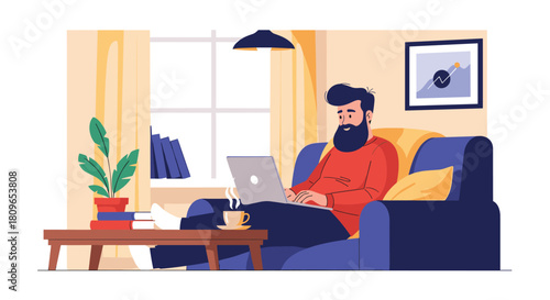 Bearded man comfortably works from home on his laptop while relaxing on the sofa in a cozy and modern living room setting.
