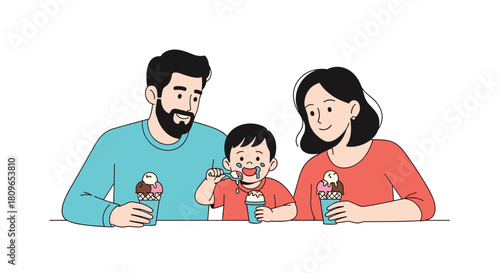 Happy family with a young son enjoys eating delicious ice cream together in a heartwarming hand-drawn style illustration.