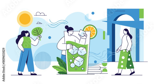 Abstract concept of a refreshing summer day with people making a cool green detox drink with ice lime and spinach leaves.