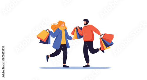 Joyful young couple happily walks together carrying a large number of colorful shopping bags after a successful shopping day.