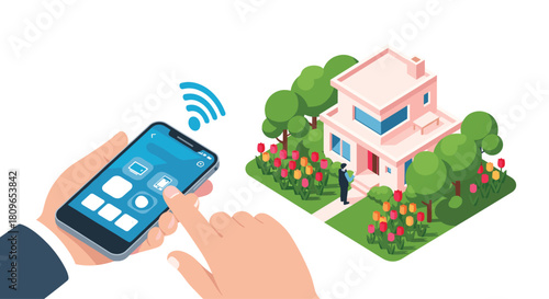 Hand using a smartphone app to control various smart home features of a modern house with a beautiful garden wirelessly.