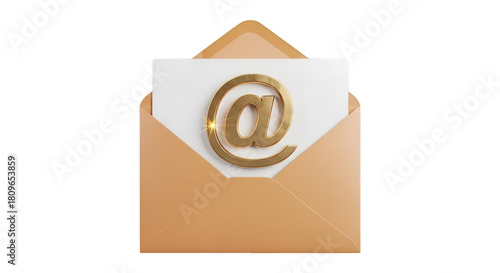 Golden At Symbol Inside an Open Envelope on White Background
