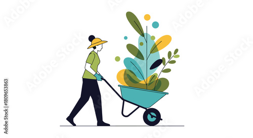 Woman wearing a hat pushes a wheelbarrow full of abstract plants and leaves representing gardening and connection with nature.
