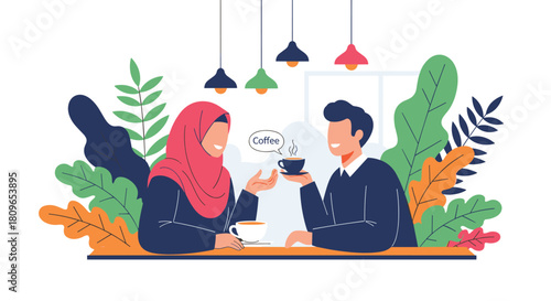 Muslim couple having a pleasant conversation over coffee at a cafe table surrounded by beautiful decorative plants and leaves.