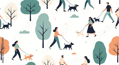 Seamless pattern of diverse people walking their dogs in a beautiful city park with green trees and a relaxing atmosphere.