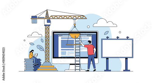 Web design and development concept with a team using a crane to build a website on a large computer screen with a billboard.