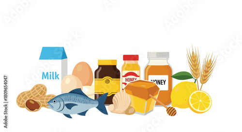 Common food allergens including milk eggs fish peanuts honey and wheat are grouped together for allergy awareness concepts.