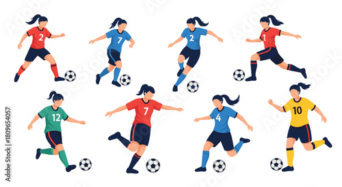 Collection of female soccer players in various dynamic action poses like dribbling kicking and running with the soccer ball.