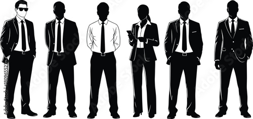 Group of six business people silhouettes standing, professional team of men and woman in suits, black and white vector illustration.