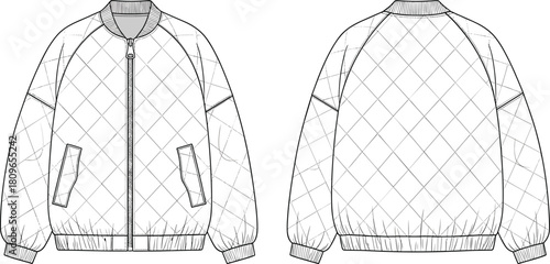 Technical fashion drawing of quilted bomber jacket with zipper, front and back view flat sketch, vector illustration for clothing design.