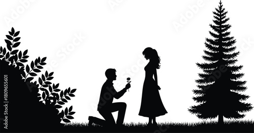 Romantic silhouette of man kneeling and proposing to woman with rose flower in nature park with pine tree, vector illustration.
