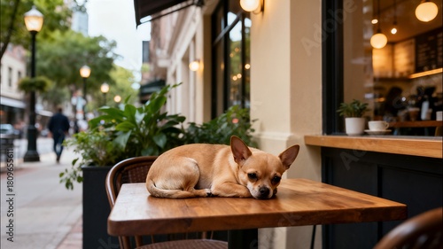 Fototapeta Naklejka Na Ścianę i Meble -  A tiny Chihuahua dog is curled up and resting peacefully on a wooden table at an outdoor street cafe, enjoying the relaxed atmosphere on a pleasant day.
