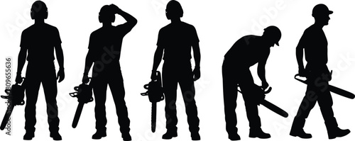 Set of lumberjack silhouettes holding chainsaws, forestry workers wearing safety helmets and ear protection, isolated vector illustration.
