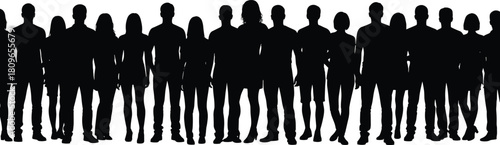 Silhouette of large crowd of people standing together, men and women group vector illustration isolated on white background.