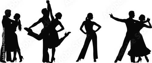 Set of ballroom and Latin dance silhouettes featuring couples dancing and solo woman posing, isolated black vector illustration.