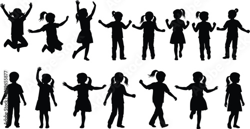 Set of happy children silhouettes jumping and dancing, isolated vector illustration of active kids playing on white background.