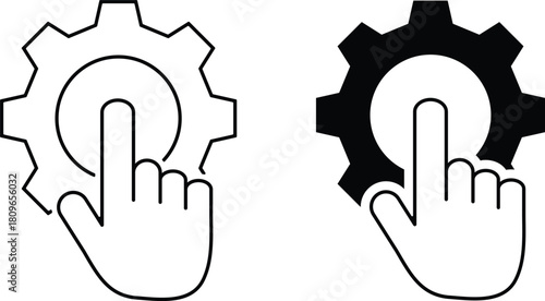Hand touching gear, representing settings, configuration, or customization options in a digital interface