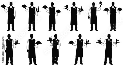 Collection of waiter silhouettes in aprons holding serving trays with food and drinks, isolated vector illustration set for restaurant service.
