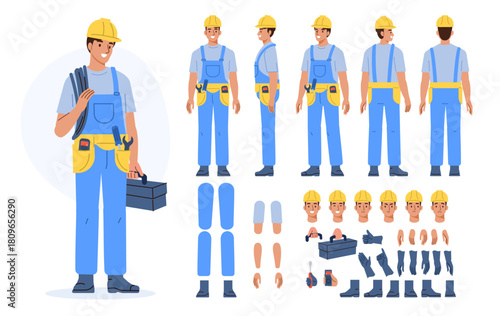 Electrician worker character constructor for animation. Professional male technician wearing protective uniform and tool belt. Front, side and back view set. Vector illustration.