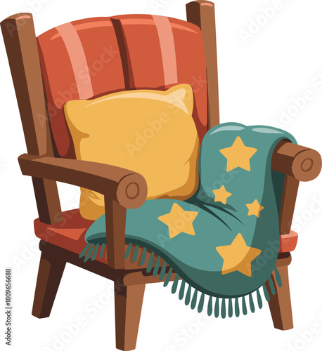 Cozy wooden armchair with plush pillow and star patterned blanket