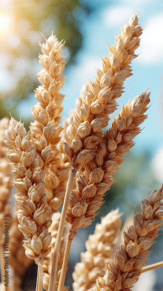 Obraz premium Golden wheat stalks stand tall against a vibrant sunset, capturing the beauty of nature and the end of the day