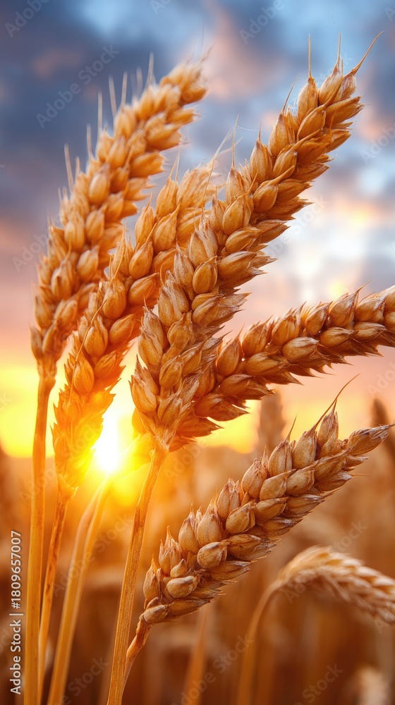 Naklejka premium Golden wheat stalks stand tall against a vibrant sunset, capturing the beauty of nature and the end of the day