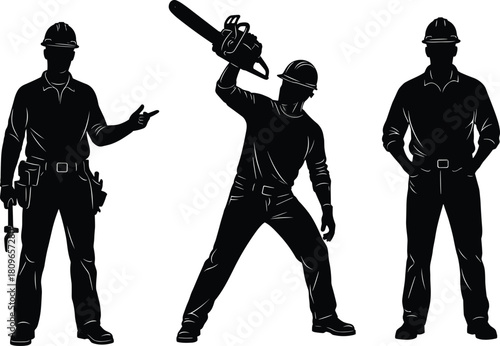 Silhouette set of construction workers, man with chainsaw, builder with hammer, foreman in hard hat, vector illustration collection.