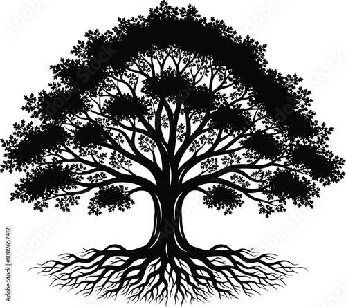 Big tree of life silhouette, ancient oak with extensive root system, black nature vector illustration isolated.