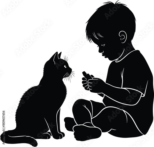Silhouette of little boy sitting with cat, child feeding pet kitten, animal friendship and care concept vector illustration.