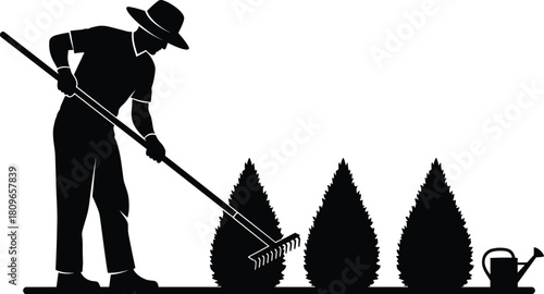 Gardener silhouette working with rake, man cleaning garden near bushes and watering can, landscape worker vector illustration design isolated.